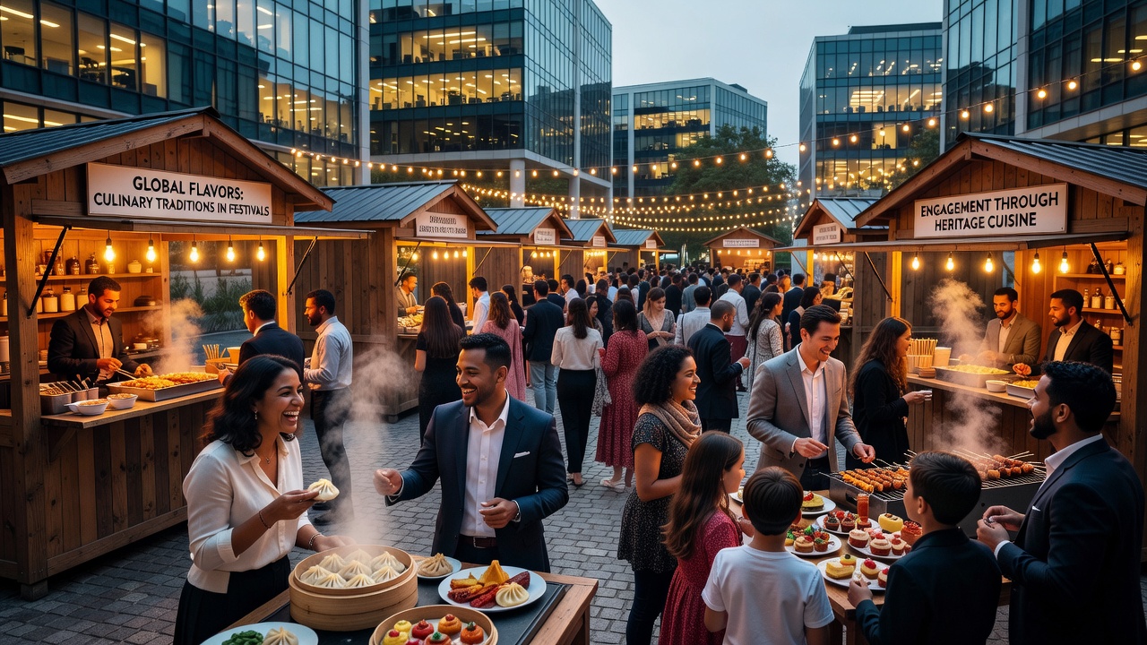 Attendees gathered around long tables enjoying shared platters of regional specialties during an evening festival session