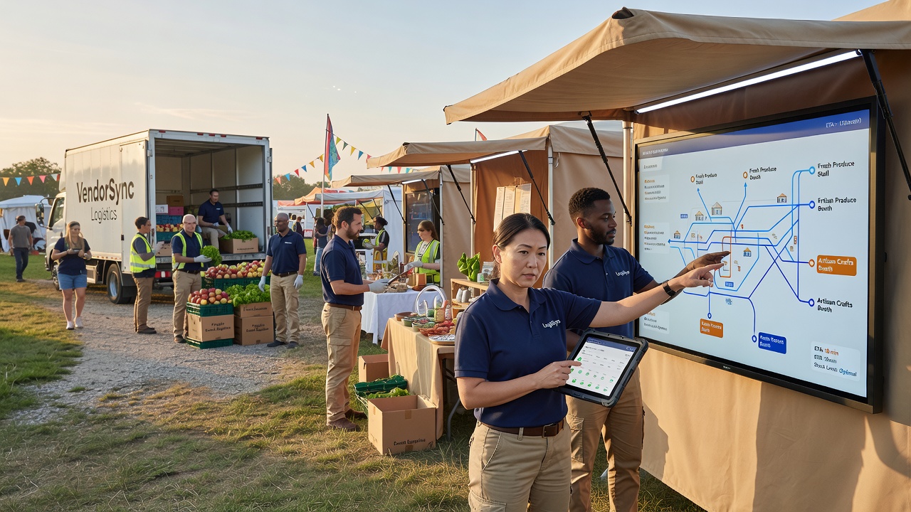 Supply chain logistics team reviewing digital inventory maps during an outdoor community gathering